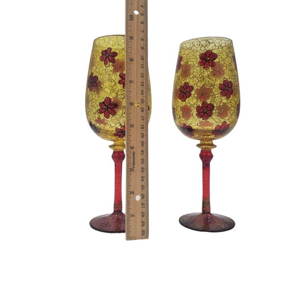 Set 2 Royal Danube Hand Painted Wine Crystal Glasses Romania Gold Red Flowers - Picture 8 of 10